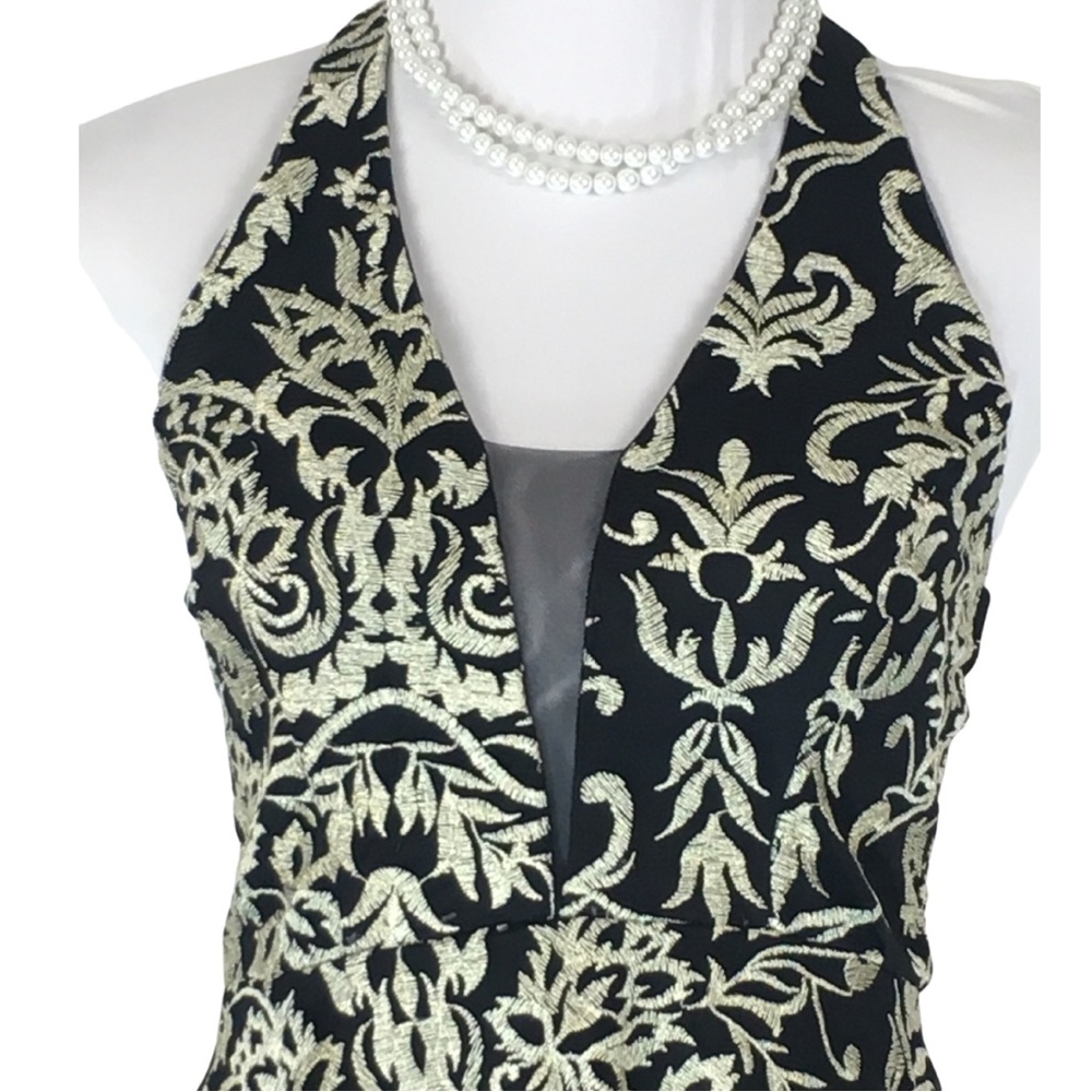 Windsor Halter Black Gold Embroider Open Back Fit n Flare Mini Dress sizE 3 - Picture 4 of 12